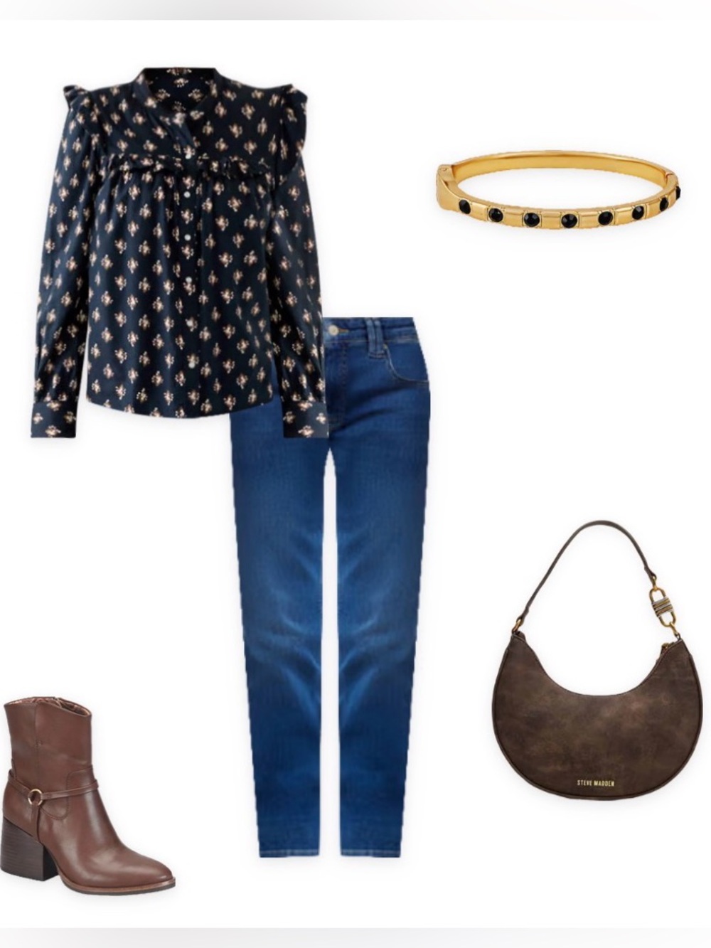 Navy Floral Ruffle Snap Button Blouse - Picture 7 of 9